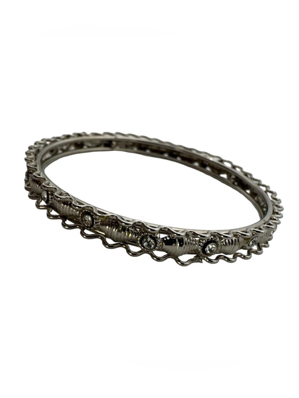 Vintage Silver Tone Rhinestone Bangle Bracelet Ornate Scalloped Edge‎ Detail